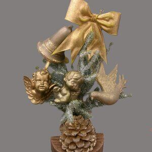 6 Vintage Gold Christmas Ornaments Decor Lot, Angels, Dove, Bow, Bell, Cherubs